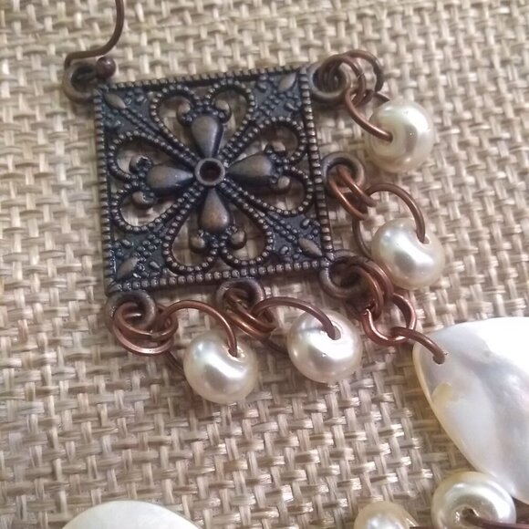 Sleek Chic Robust Feminine Girly Elegant Rustic Copper & MOP + Pearl Earrings - Picture 7 of 11